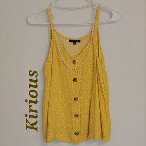 Kirious yellow with white polka dots button spaghetti strap tank top. S